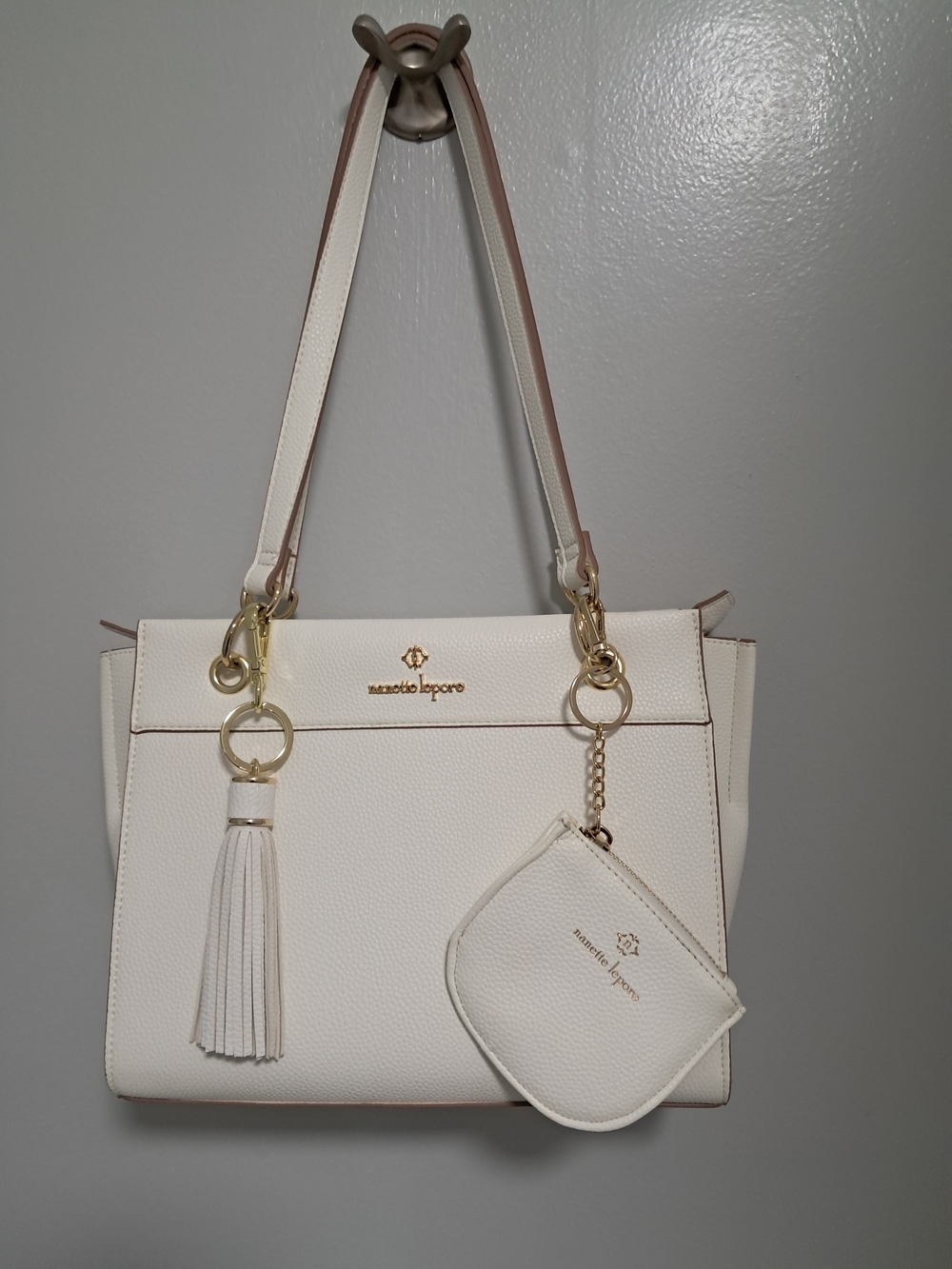 Nanette Lepore White Pebbled Leather Handbag with Tassel and Coin Pouch NWOT